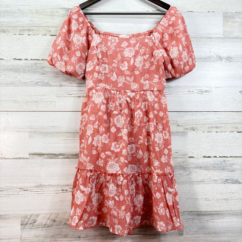 Blu Pepper Coral Pink Floral Puff Sleeve Tiered Mini Dress Smocked S Cottagecore
